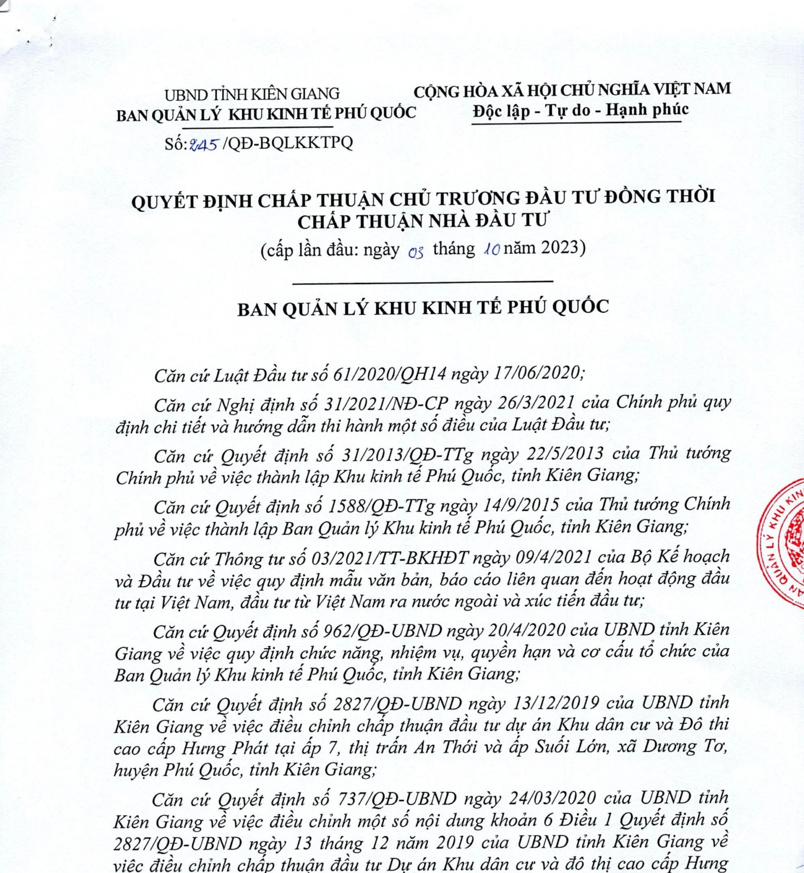 Chủ trương đầu tư - Trang đầu